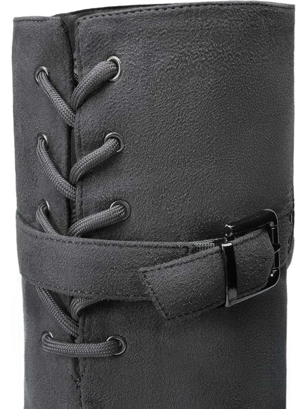 👢Women's Grey Knee High Boots Fringes Buckle Straps Chunky Heel Square Toe